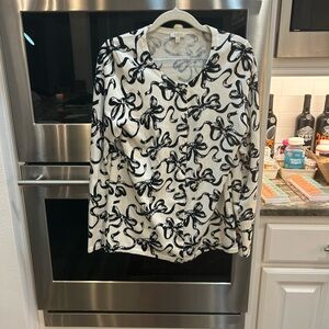 Talbots White and Black Bow Print Cardigan size S GUC